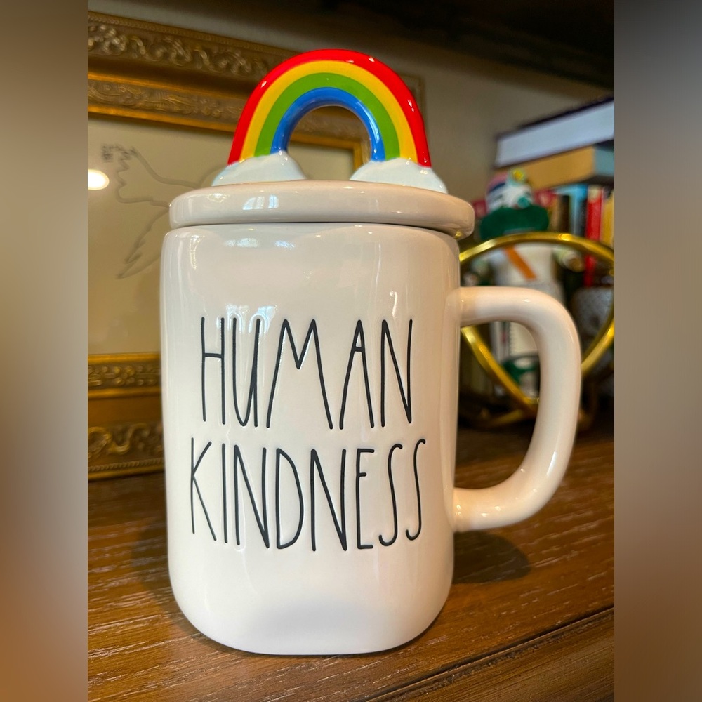 Rae Dunn “Human Kindness” mug cream interior/exterior